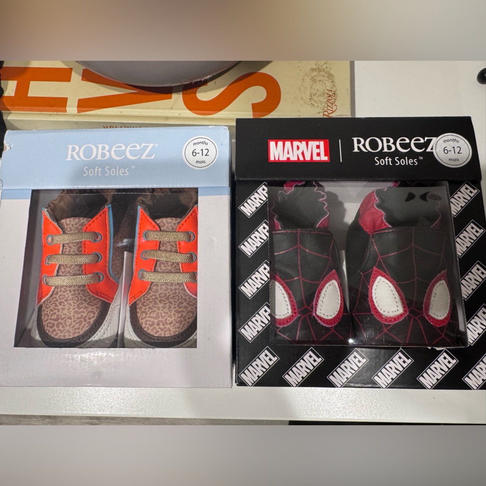 2 Pairs Robeez Baby Shoes (6–12M) – Leopard & Marvel Spider-Man – New in Box